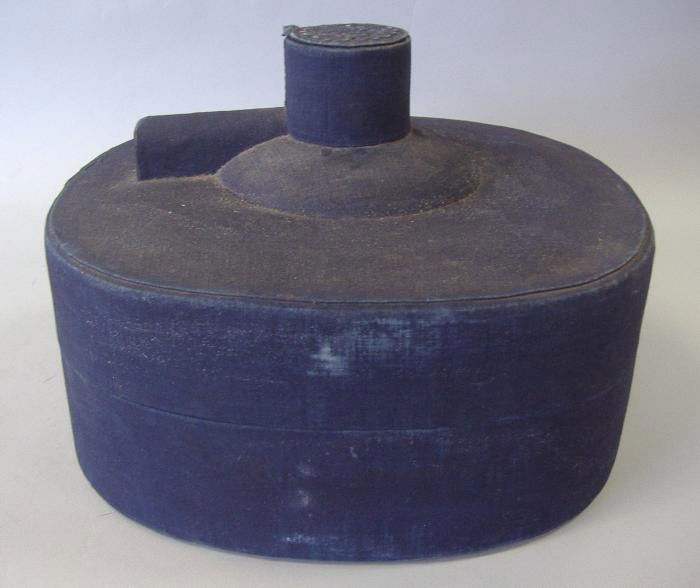 19thc Chinese Mandarin Hat Box: Measures 12" x 10.75" and 8" high. Cloth exterior with silk lining on the interior. With provenance. See photos for further description.
