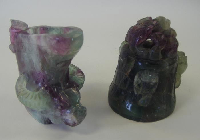 Tourmaline Stone Libation Cup & Incense Cover: Tourmaline stone libation cup, together with a carved tourmaline sculptural incense cover. Each measuring 4.5" high.
