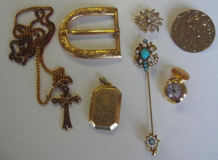 14K Gold Belt Buckle, Pin, Locket, Stick pin, etc: Comprised of a 14K gold belt buckle, 14K gold and seed pearl pin, (missing one seed pearl), gold-filled locket, gilt sterling brooch, turquoise and pearl stick pin, cuff link watch by WM Wise and a cr