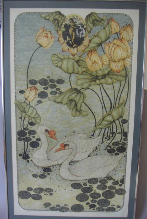 JOHN PAUL MORGAN, Les Cygnes Framed Print 55/300: 'Les Cygnes" framed print by Seattle, WA artist John Paul Morgan (1942-). Printed in 1982. This is edition 55 of 300. Overall framed and matted measurement, 33" x 20". With print documentation certifi