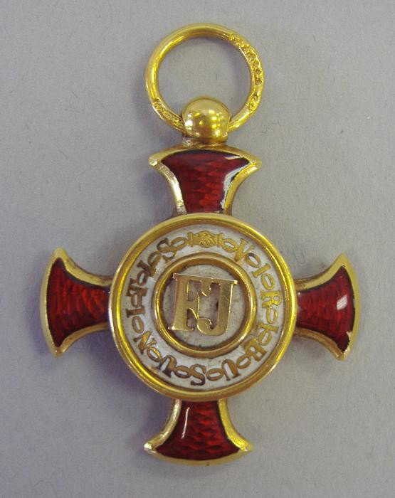 Order of Franz Joseph, Austria Cross Pendant: Austria gold and enamel cross pendant. Austria-Hungarian empire, military medal cross. Dated 1849 on one side. The obverse has an FJ (order of Franz Joseph), and the motto VIRIBUS UNITIS. Measures 1.5