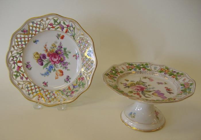 Dresden Pierced Plate and Tazza Compote: Schumann Dresden open-work hand-painted plate measuring 8.25" in diameter, together with a porcelain tazza compote measuring 3.75" high and 7.25" in diameter, Marked RW Bavaria.