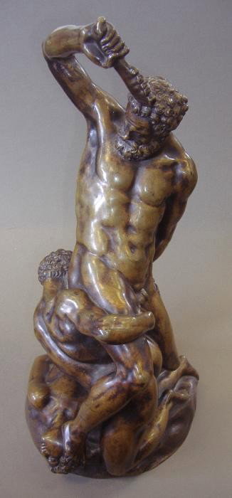 Male Nude Bronze Samson Slaying 2 Philistines: 19thc well detailed bronze after Michelangelo's lost model of Samson Slaying Two Philistines. Excellent overall condition, This unsigned bronze measures 13.5" high and 6" in diameter at the base. The