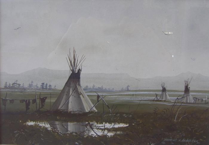Thomas deDecker (1951-) Squaw Peak: Framed gouache on paper of an Indian encampment, titled Squaw Peak by artist Thomas de Decker and dated 77. The image measures 7.75" x 11". The framed measurement 12" x 15.5".