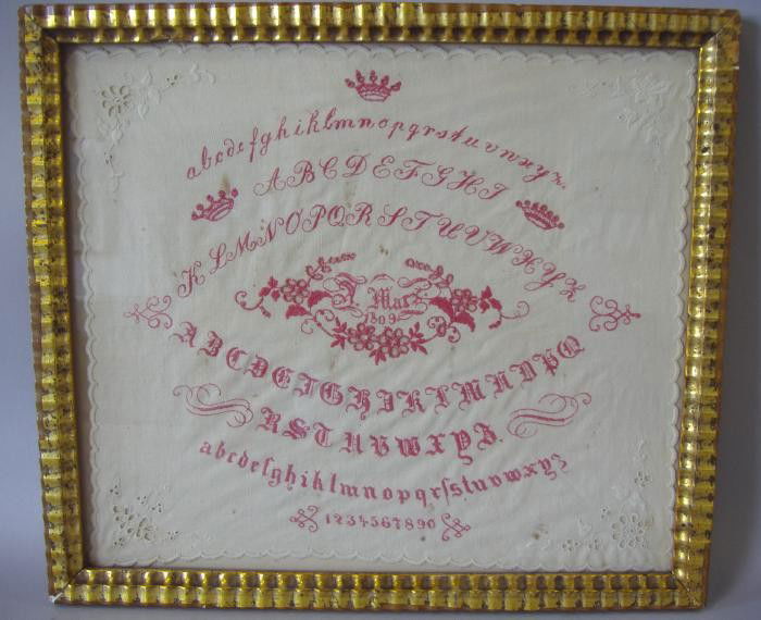 Framed Needlework Sampler, 1809, A. Marx: Framed needlework sampler done on linen, by A. Marx and dated 1809. Measures 11" x 12.5". The framed measurement, 12.5" x 14".