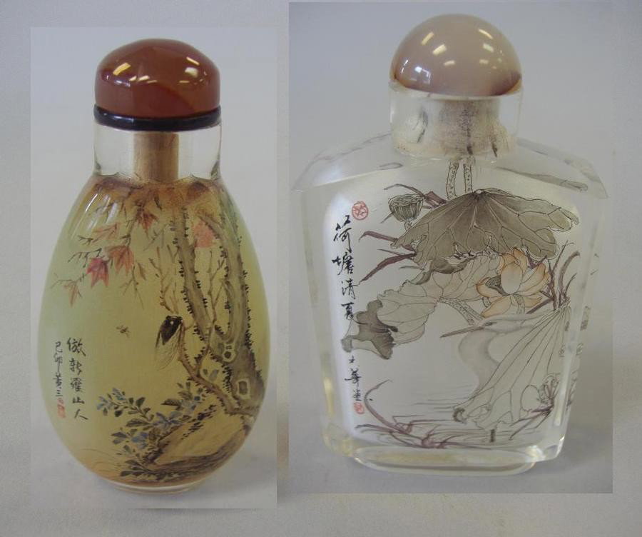 2 Chinese Reverse Painted Snuff Bottles: Two Chinese reverse painted snuff bottles by artist Huang Shuang Shui. One bottle measures 3.25" high and one bottle measures 3" high.