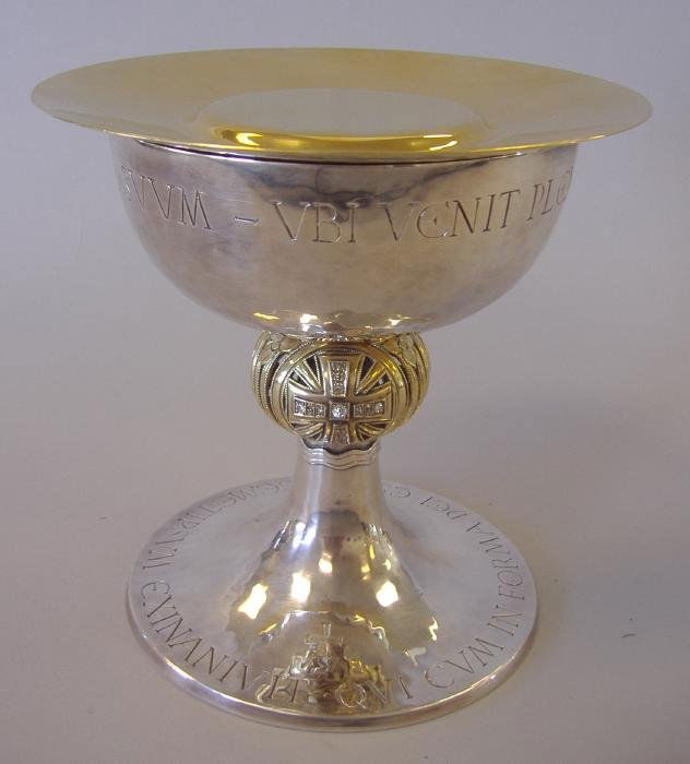 Rheims 800 Silver Chalice with Diamonds: 800 silver Rheims-style chalice (pronounced ri-mz), with gold washed interior and 800 silver-gilt paten. The central portion of the chalice has a large center diamond, with an additional 20 diamonds a