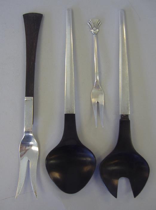 Georg Jensen, Kohr & Relda Sterling Serving Forks: Sterling handled salad servers by Georg Jensen, together with a sterling fork by Cohr, Denmark and a meat fork by Relda (William Bowden estate)