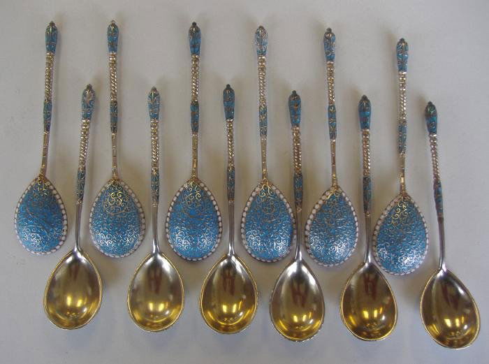 12 Russian Silver & Enamel Spoons, Gustav Klingert: A fine set of twelve Russian silver and enamel spoons with gilt-washed bowls. Hallmarked 84 and Klingert ( Gustav Klingert, St. Petersburg 1864-1916 ). The spoons each measure 4-5/8" long. Overall wei