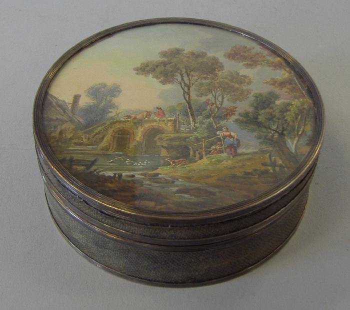 Shagreen Tortoiseshell Snuff Box & Watercolor Sgnd: Tortoiseshell snuff box with a shagreen exterior. The lid with a miniature landscape painting signed Mandell? Measures 3.25" in diameter and 1.25" high.