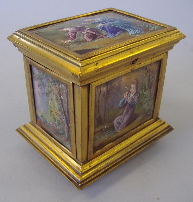 19thc Continental Enameled Jewel Casket Box, Signed: The brass box with five sides of enamel painted scenes, measures 4.75" wide, 3-7/8" deep and 4.75" high. Signed with initials. See photos.