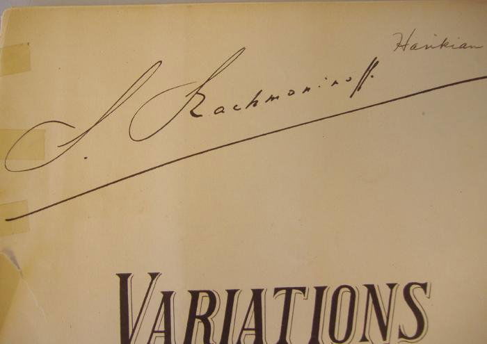 Sergei Rachmaninoff Autograph Variations Sheet Mus: Sergei Rachmaninoff autographed copy of "Variations On a Theme of Corelli" (S. Rachmaninoff Opus 42). Complete 27 page sheet music, copyright 1931 by Carl Fischer Inc. NOTE: some tears to the cover. S