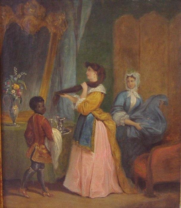 18th/19thc Framed Oil Painting, Lady with Servants: 18th/19thc oil on canvas depicting a lady dressing while she is attended by her servants, one being a young black youth, the other a ladies maid. The painting measures 11.25" x 9.5". The framed measur