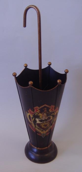 Armorial Tole Painted Umbrella Stand: Formed as an umbrella, the stand measures 32" high. Armorial painted crests on both sides. 20thc.