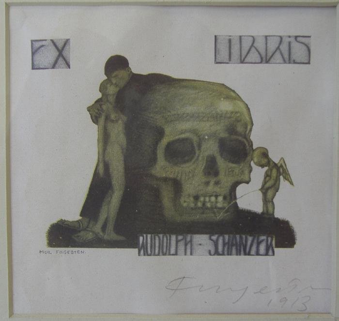 Michel Fingesten EX LIBRIS Rudolph Schanzer, sgnd: Framed print by Michel Fingesten (1884-1943) . The print is signed by the artist and dated 1913. Measures 4-3/8" x 4.5" (sight). The framed measurement, 11" x 11.5".
