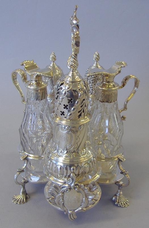19thc Bailey & Company Sterling Silver Castor Set: Sterling silver castor set by Bailey & Company of Philadelphia (1848-1878, Joseph & Charles Bailey). Complete set with original stand. Marked Bailey & Co, Chestnut St. Phil. Stand and the three castor