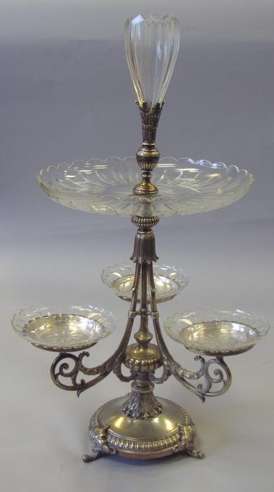 19thc French Glass & Silver Plate Epergne: 19thc French glass and silverplated epergne. Overall measurement, 25" high, with an 11.5" diameter glass dish/plate. The three smaller dishes each measure 5.5" in diameter.