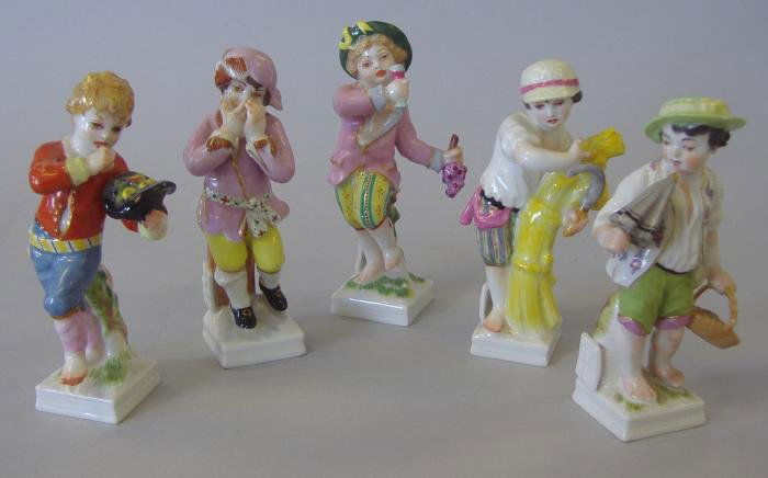 Five KPM Porcelain Figures: Each measuring 4.25" to 4.5" high. Signed underfoot. See photos for further descriptions.