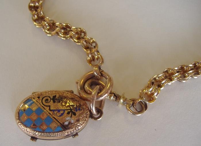 14K Gold Fob Chain Link Necklace & Enameled Locket: 14K gold (tested) link fob chain with a gold and enameled locket. The chain measures 18.5" long. Overall weight of the chain and locket, 21.4 grams.
