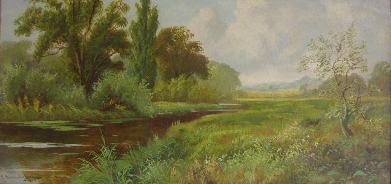 E. Lancaster Hooper, 19thc River Landscape, Signed: Framed oil on canvas by 19thc/20thc artist E. Lancaster Hooper. The painting is signed lower right corner. Dated 1871, via a label attached to the verso. The canvas measures 11.75" x 24". The framed m