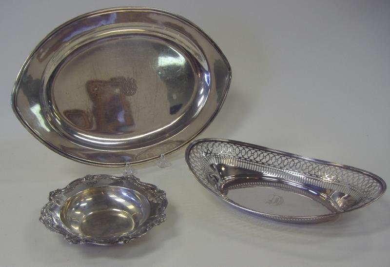 Sterling Bread Basket, Tray & Bowl, Gorham +: Sterling silver bread tray by the Watson Company, together with a sterling tray (no maker's mark) and a small sterling bowl by Gorham. The bread basket with a monogram D, measures 10.25" x 6-5/8" and 
