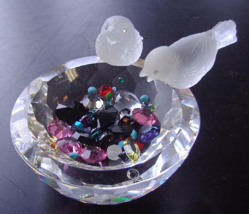 Swarovski Cut Crystal Bird Bath & Colored Crystals: Measures 3" in diameter and 2.5" high.