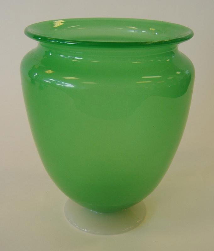 Large Steuben Jade Green & Alabaster Vase # 938: Large Steuben jade green vase with alabaster foot. Measures 9" high and 7.75" in diameter at the widest point on the body. Apparently unsigned, #938 from Gardner's "The Glass of Frederick Carder".