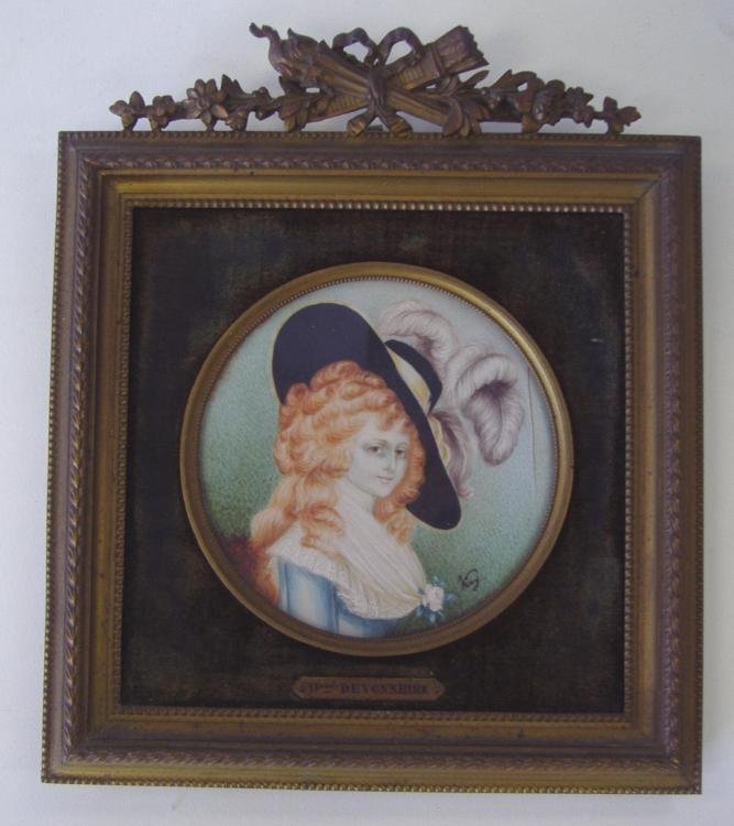 Framed Miniature Ivory Duchesse of Devonshire, sgn: Framed miniature portrait on ivory depicting the Duchesse of Devonshire, (after the portrait by Thomas Gainsborough), signed Very. The round painting measures 3.5" in diameter. The brass frame measure