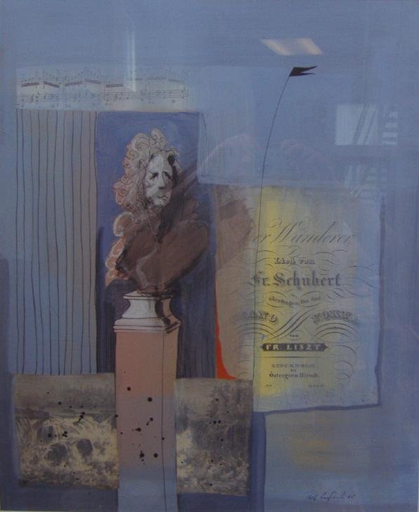 Bo Lundqvist, Collage Painting, Homage de Schubert: Mixed media collage and painting by Swedish artist Bo Lundqvist (1934- ), Sweden. "Homage de Schubert". Signed and dated "88. The image measures 23" x 19". The framed measurement, 30" x 26". NOTE: cra