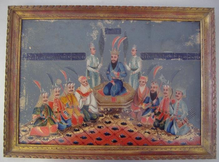 Framed Indian India Reverse Painting on Glass: Framed India painting on glass. The well detailed painting measures 13.5" x 19-3/8". The framed measurement, 16" x 22". NOTE: Diagonal crack in glass. See photos.