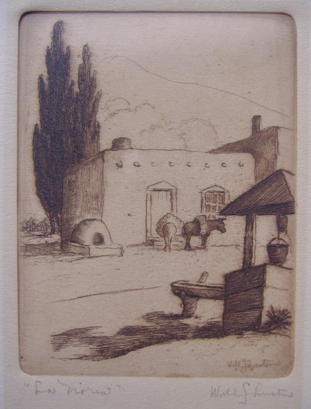 William Howard Schuster Etching La Noria, 1929: Matted etching by William "Will" Howard Schuster (1893-1969). "La Noria", signed in the print and dated 29 (1929). Titled and signed in pencil by the artist. Measures 4" x 3". The overall matted measu