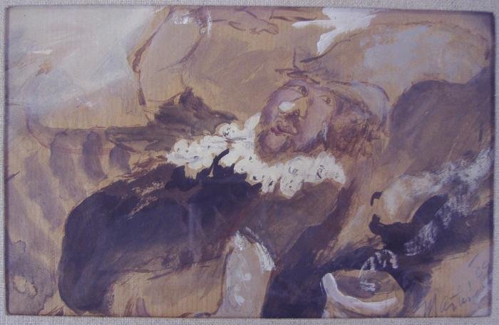 James Martin, Man with Cake Frosting on His Nose: Framed gouache on paper by Seattle artist, James Martin (1928-). This painting is titled on the reverse "Man With Cake Frosting on his Nose". Signed by the artist lower right front corner and dated 69