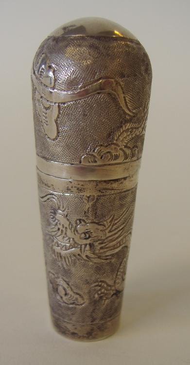 Chinese Export Silver Sewing Case, Thimble, signed: Chinese export silver sewing case with thread ring and thimble. Dragon motif. Measures 2.25" high. Signed on the underside.