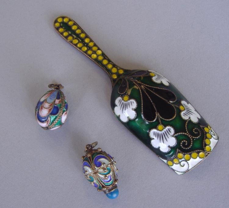 Russian Silver & Enamel Sugar Scoop, 2 Egg Charms: Russian 916 gilt silver and enamel sugar scoop, together with two Russian gilt-silver and enamel egg charms.