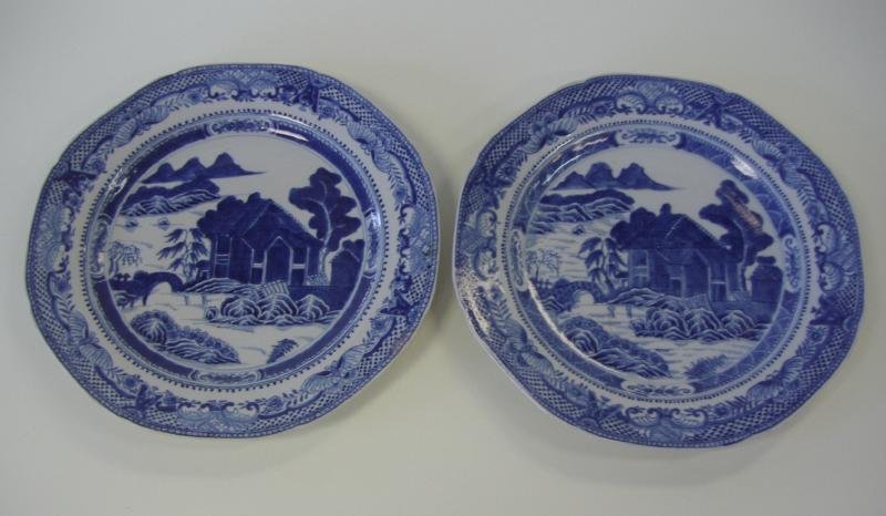 18thc Chinese Blue & White Porcelain Plates: Chinese Qianlong (1736-1795) porcelain plates. Each measuring 9.5" in diameter. NOTE: Hairline and rim repair to one and star-hairline to the other plate.