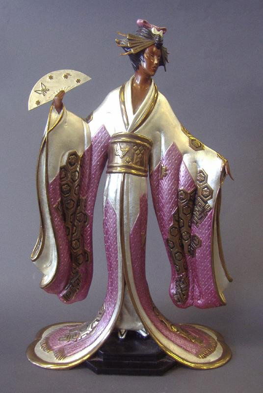 Erte Bronze Sculpture, Madame Butterfly: Erte bronze sculpture titled "Madame Butterfly". Edition 103/500 by Seven Arts, Ltd., London, 1989. Signed Erte at the lower portion of her robe. Measures 18.5" high.