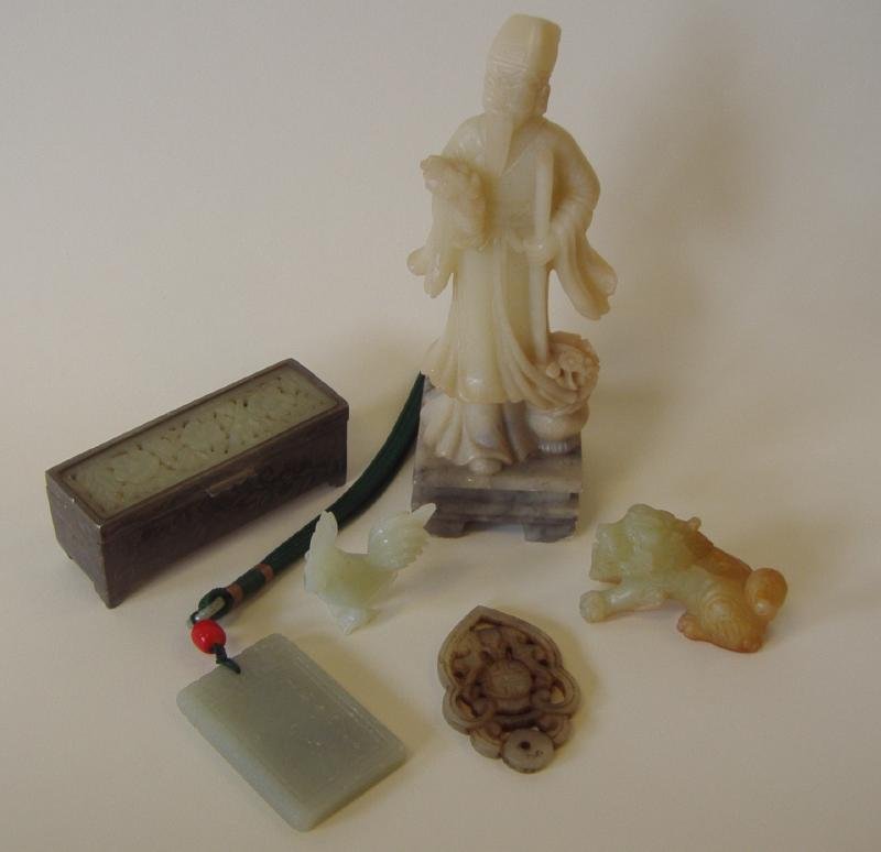 Chinese Jade & Soapstone Carvings: Chinese soapstone carving of an Elder measuring 7" tall, together with 2 jade animal figures, 2 jade pendants and a pewter stamp box with stone carving. Total of 6 pieces.