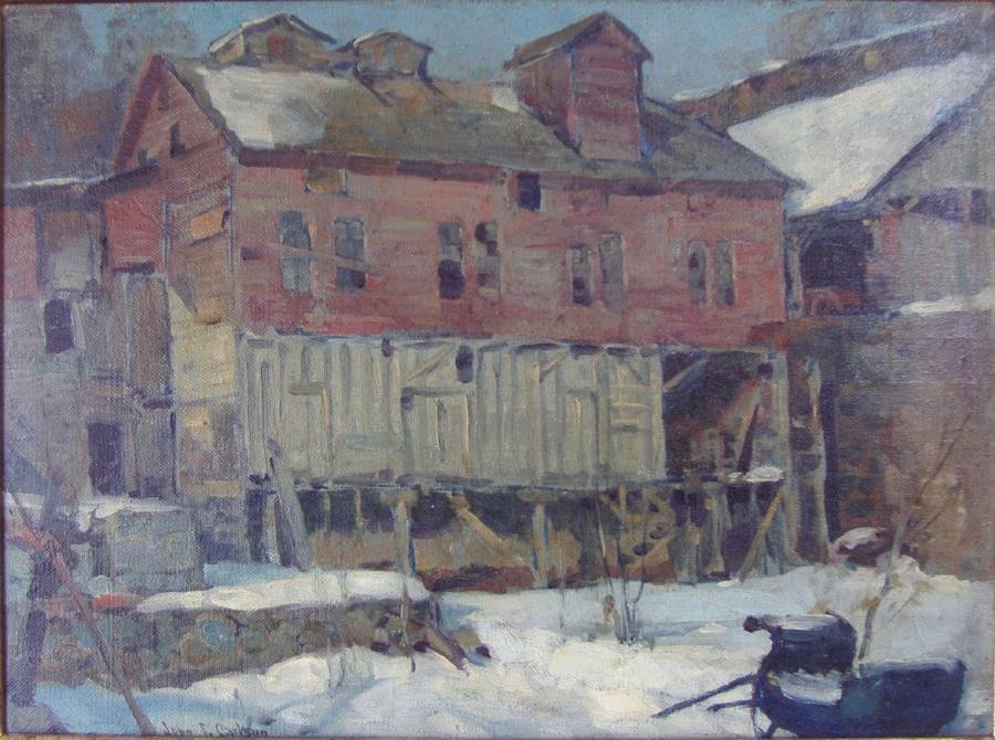 John Fabian Carlson (1874-1945) The Derelict, signd: John Fabian Carlson (1874-1945). "The Derelict", oil on board, 12" x 16" Vose Galleries of Boston label on the verso. Framed measurement, 17.25" x 21.5". Signed. There is a note on the back of the pai