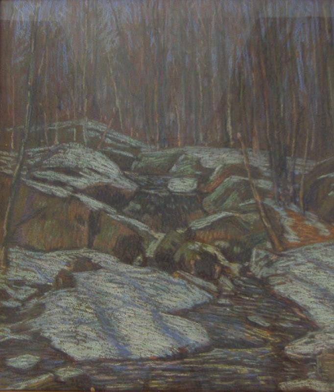 Charles Salis Kaelin (1858-1929): Charles Salis Kaelin (1858-1929). Pastel on paper. Image measures 17.5" x 15.5". Signed lower right. Titled "Snow Covered Rocks" on the verso, see photo. Framed measurement, 25.5" x 23.5".