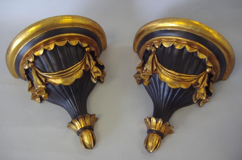 Pair of Gilt Wood & Painted Wall Brackets: Pair of gilt-wood and painted wall brackets. 20th century. Each measuring 13" high, 12" wide and 7.25" deep.
