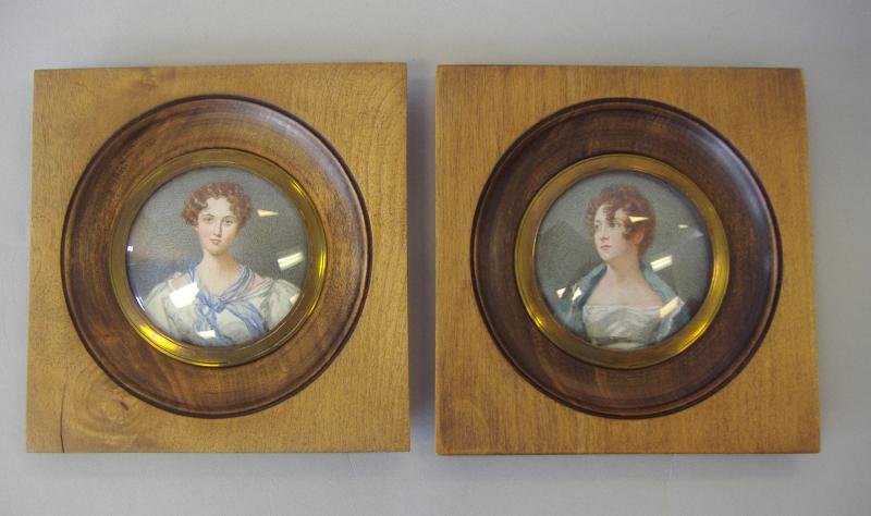 Two Framed Watercolor Miniature Portraits: Two framed watercolor portraits of young women. The portraits each measure 2.5" in diameter. The framed measurement, 5.5" x 5.5".