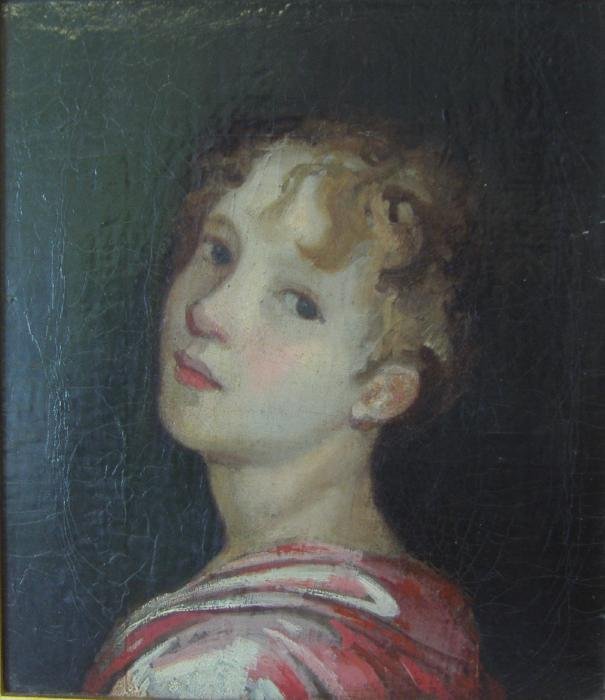19thc Portrait of a Young Woman, Oil on Canvas: Framed portrait oil on canvas of a young woman. The canvas measures 9.5" x 8.25". The framed measurement, 11" x 10".