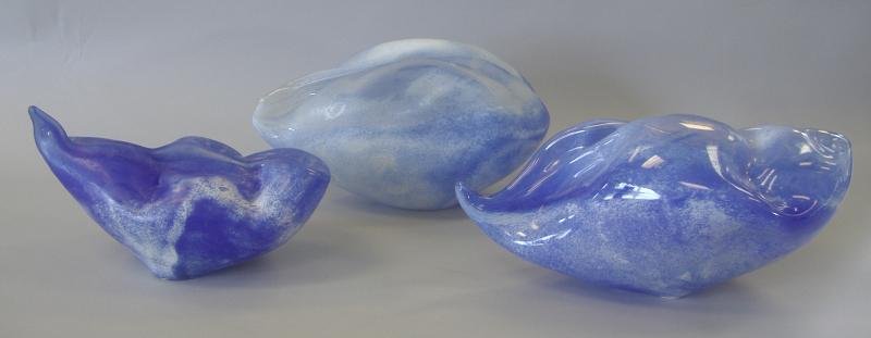 ETSUKO ICHIKAWA, Three Blown Glass Clouds: ETSUKO ICHIKAWA, Three Blown Glass Clouds Two measuring approximately 14" x 6" x 7" high and one measuring 11" x 6" x 6.5" high. Each piece artist signed.