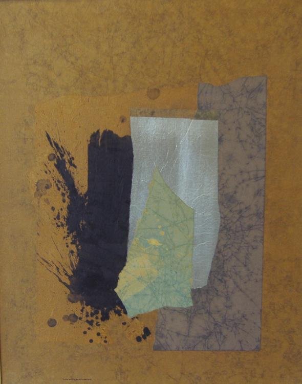 James Waterman, Collage "Massive Quartz" 1979: Framed collage by Pacific Northwest artist James Waterman in the style of Paul Horiuchi. The collage measures 29.5" x 23.5". The framed measurement, 33.75" x 27.75". Signed on the front and on the ver