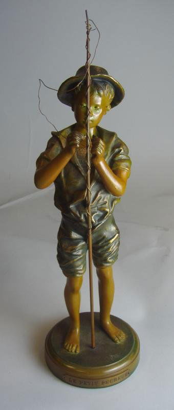 19thc Bronze Male, Le Petit Pecheur, A. Lavergne: 19thc cold-painted bronze figure of a young boy adjusting his fishing pole. After a bronze by Adolphe Jean Lavergne (French 1863-1928). Plaque on the stand reading , Le Petit Pecheur. (The little fish