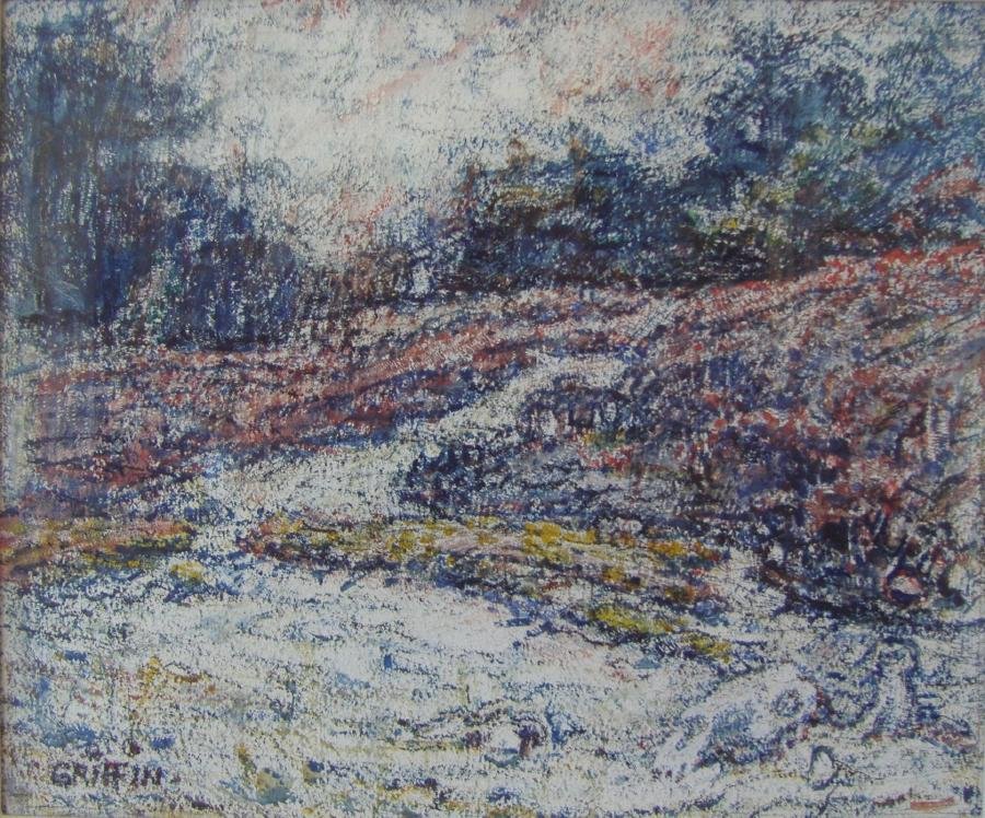 Walter Griffin (1861-1935) Maine Sand Dunes, 1915: Walter Parson Shaw Griffin (1861-1935). Framed dry-brush watercolor on paper. Image measures 8.5" x 10.25". The framed measurement, 17.75" x 19.25". Signed lower left. Vose Galleries of Boston, label 