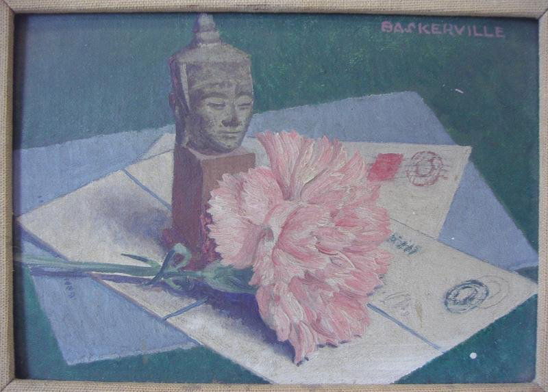 Charles Baskerville Jr (1896-1994), Pink and Green: Charles Baskerville Jr. (1896-1994). Framed still life, oil on board. Signed top right corner. Titled on the verso, Pink and Green and dated Feb. 1948. The painting measures 6.5" x 8.75". Framed measu