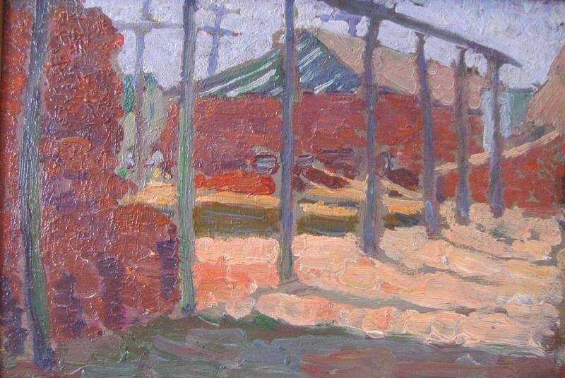 Clara Jane Stephens (1877-1952) "Men Building": Clara Jane Stephens (1877-1952). Framed oil on board. Measures 7" x 10". The framed measurement, 10-3/8" x 13-3/8". Montgomery Gallery of San Francisco, CA ., label on the verso. Appears unsigned.