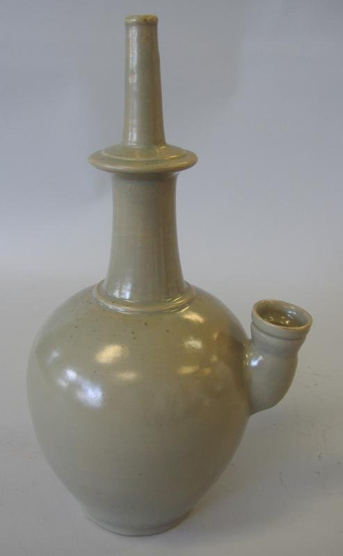 Antique Korean Celadon Kundika: Measures 12.5" high and 6" in diameter at the widest point on the body.
