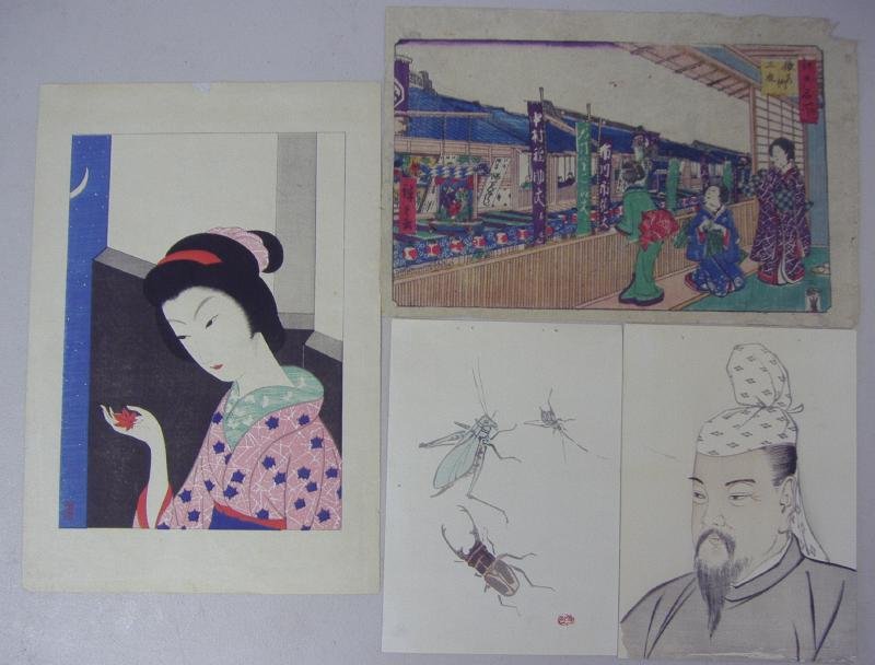 4 Japanese Woodblock Prints, Ando Hiroshige +: Four Japanese woodblock prints. One by Ando Hiroshige measuring 9.5" x 14.5".